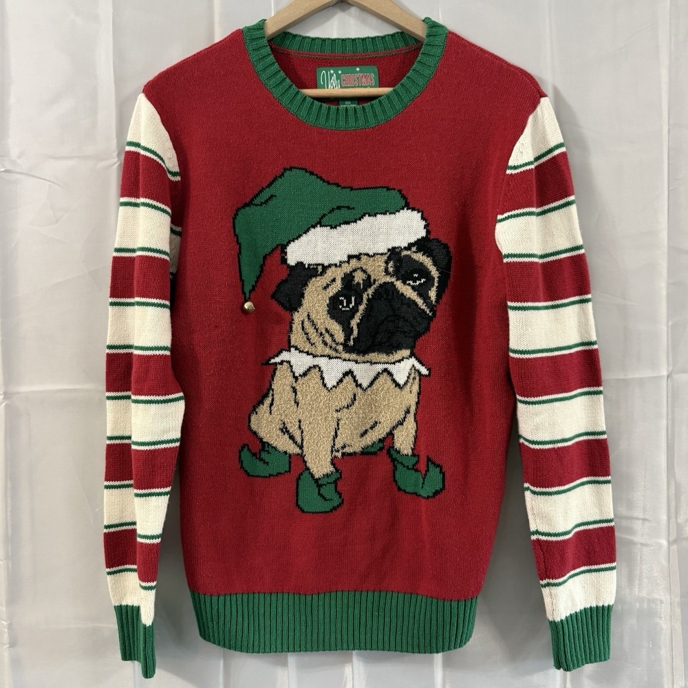 Ugly Christmas Sweater S Pug Dog Santa‎ Hat Green Red White Striped